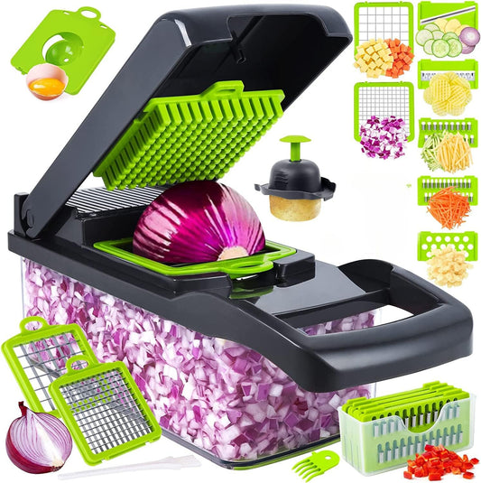 "VersaChop™ 14-in-1 Multifunctional Vegetable Chopper with Drain Basket – Mandoline Slicer, Grater & Cutter Set"